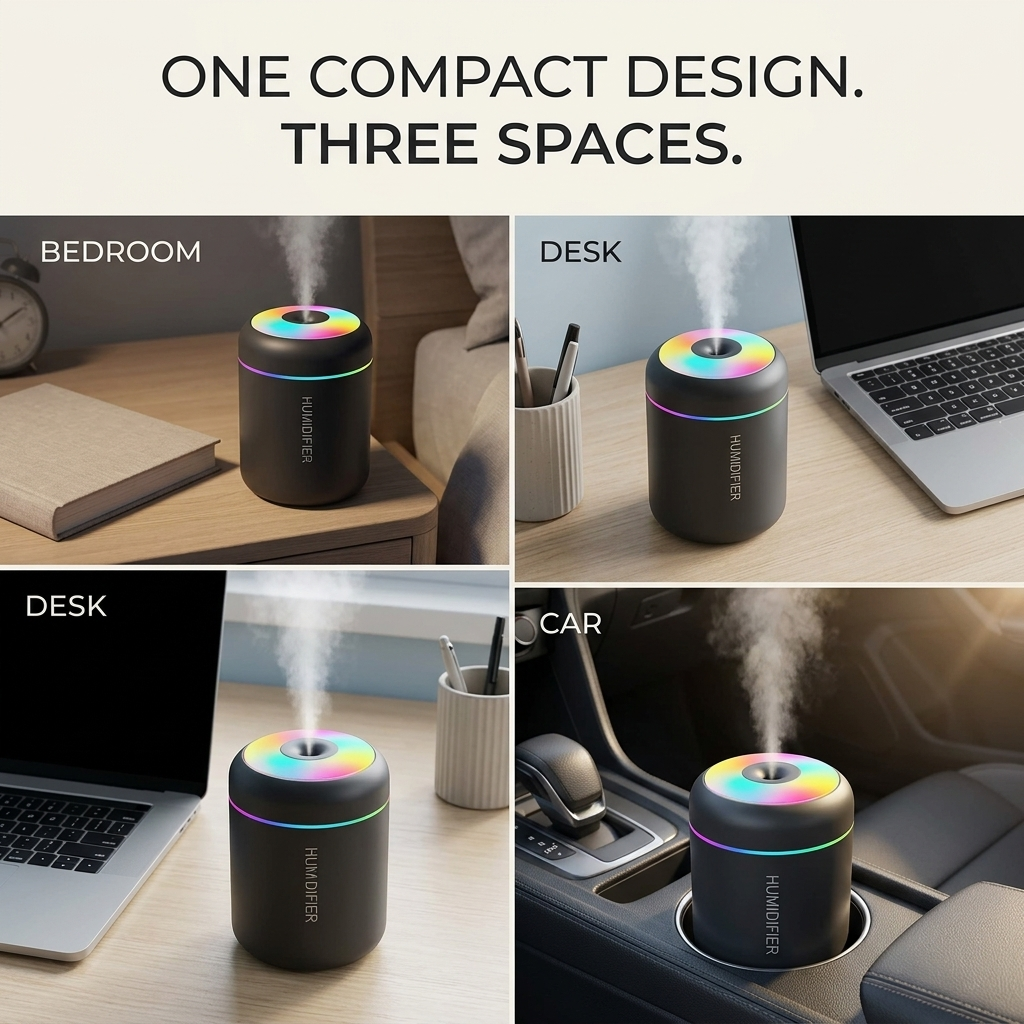 Mini luchtbevochtiger 180 ml – USB, geurfunctie en sfeerlicht VestraGear