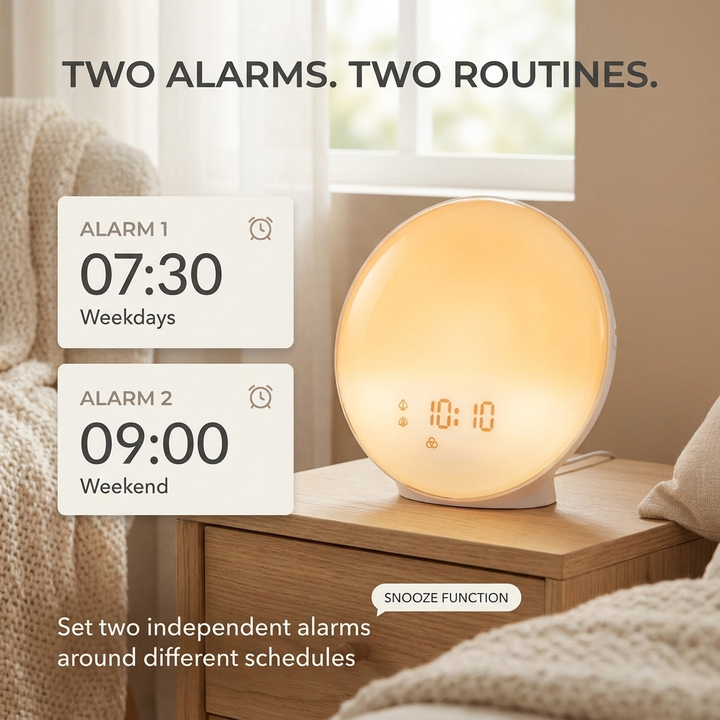 Wake-uplicht wekker – zonsopgang, dubbel alarm en FM-radio VestraGear