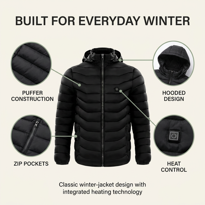 Verwarmde pufferjas heren – capuchon en meerdere warmtezones VestraGear