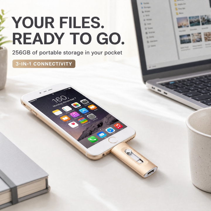 USB Stick 256GB – 3-in-1 Opslag voor iPhone, Smartphone &amp; PC Vestragear