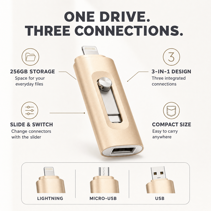 USB Stick 256GB – 3-in-1 Opslag voor iPhone, Smartphone &amp; PC Vestragear