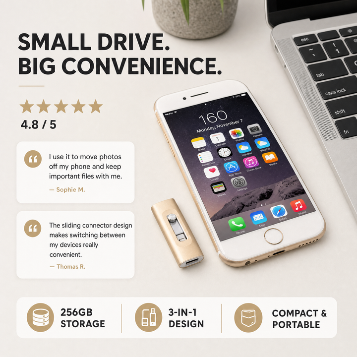USB Stick 256GB – 3-in-1 Opslag voor iPhone, Smartphone &amp; PC Vestragear