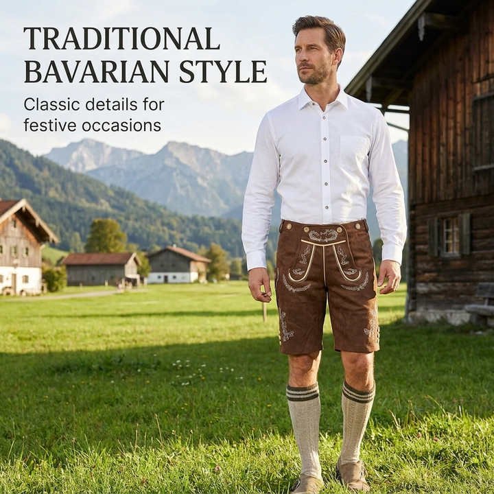 Lederhosen Heren – Korte Oktoberfest Broek met Borduursels VestraGear