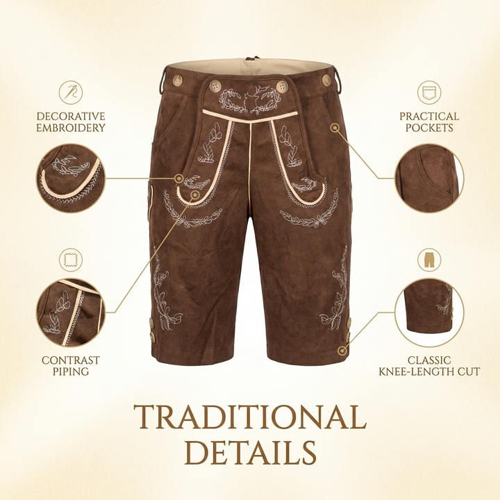 Lederhosen Heren – Korte Oktoberfest Broek met Borduursels VestraGear