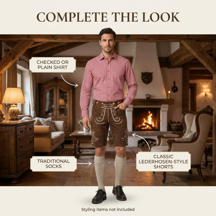 Lederhosen Heren – Korte Oktoberfest Broek met Borduursels VestraGear