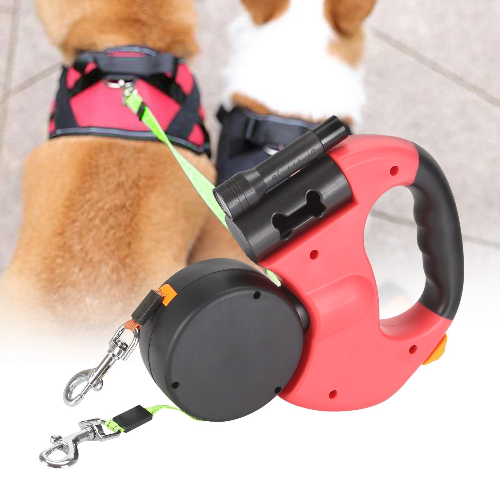 PawLink Duo Guinzaglio per Cani – Doppio Guinzaglio a Rotella con LED e Riflettente