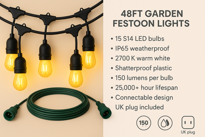 Festelio Iluminación de jardín – Guirnalda de luces de 48FT con 15 lámparas LED y brillo cálido de 2700K