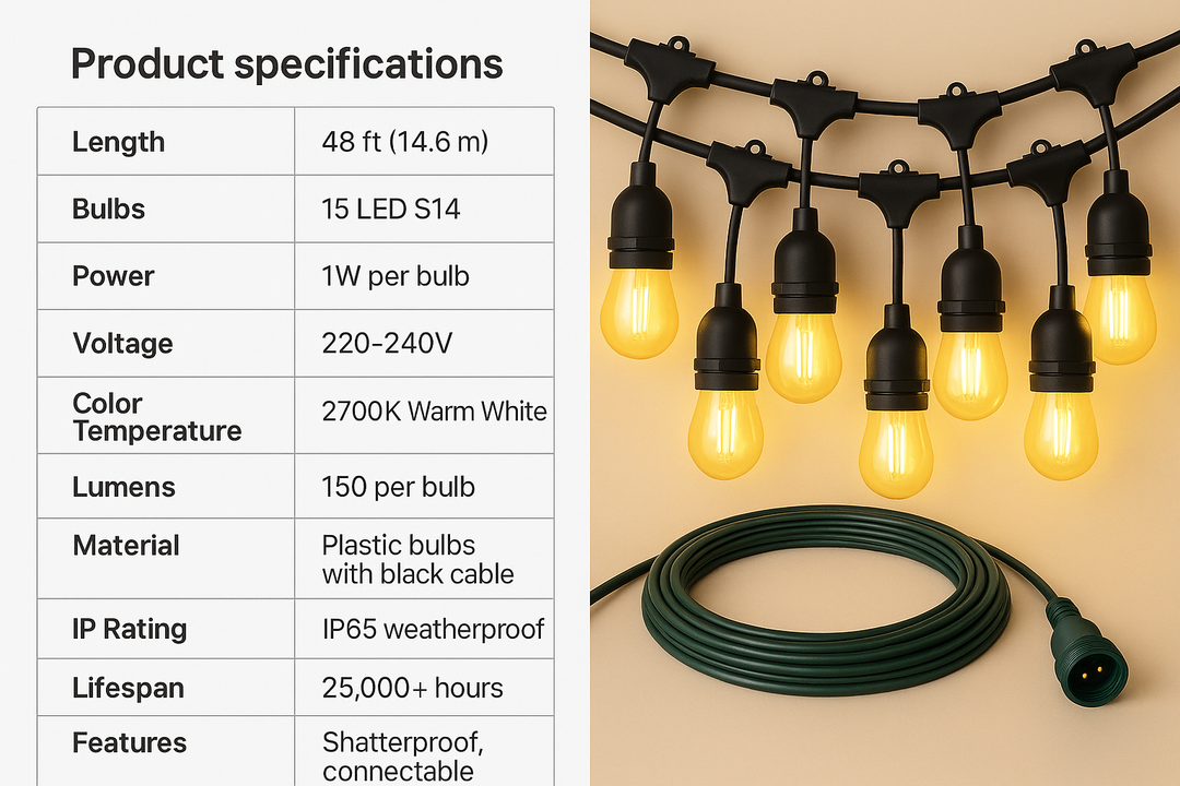 Festelio Iluminación de jardín – Guirnalda de luces de 48FT con 15 lámparas LED y brillo cálido de 2700K