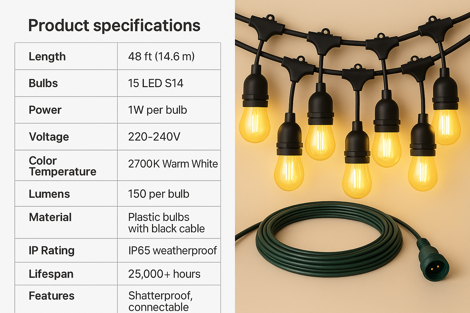Festelio Tuinverlichting – 48FT Lichtslinger met 15 LED-Lampen & Warme 2700K Gloed