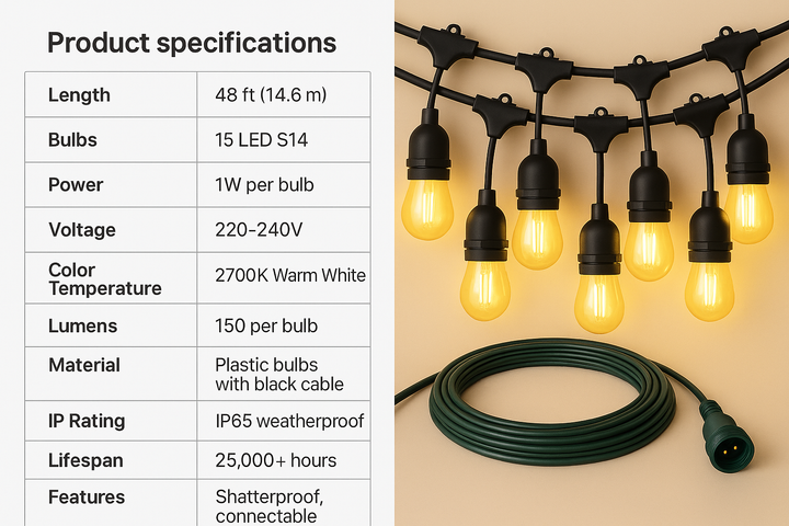 Festelio Iluminación de jardín – Guirnalda de luces de 48FT con 15 lámparas LED y brillo cálido de 2700K