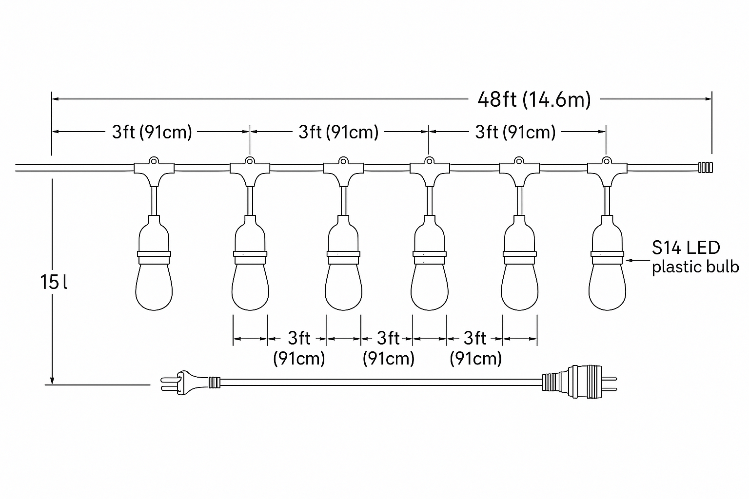Festelio Tuinverlichting – 48FT Lichtslinger met 15 LED-Lampen & Warme 2700K Gloed