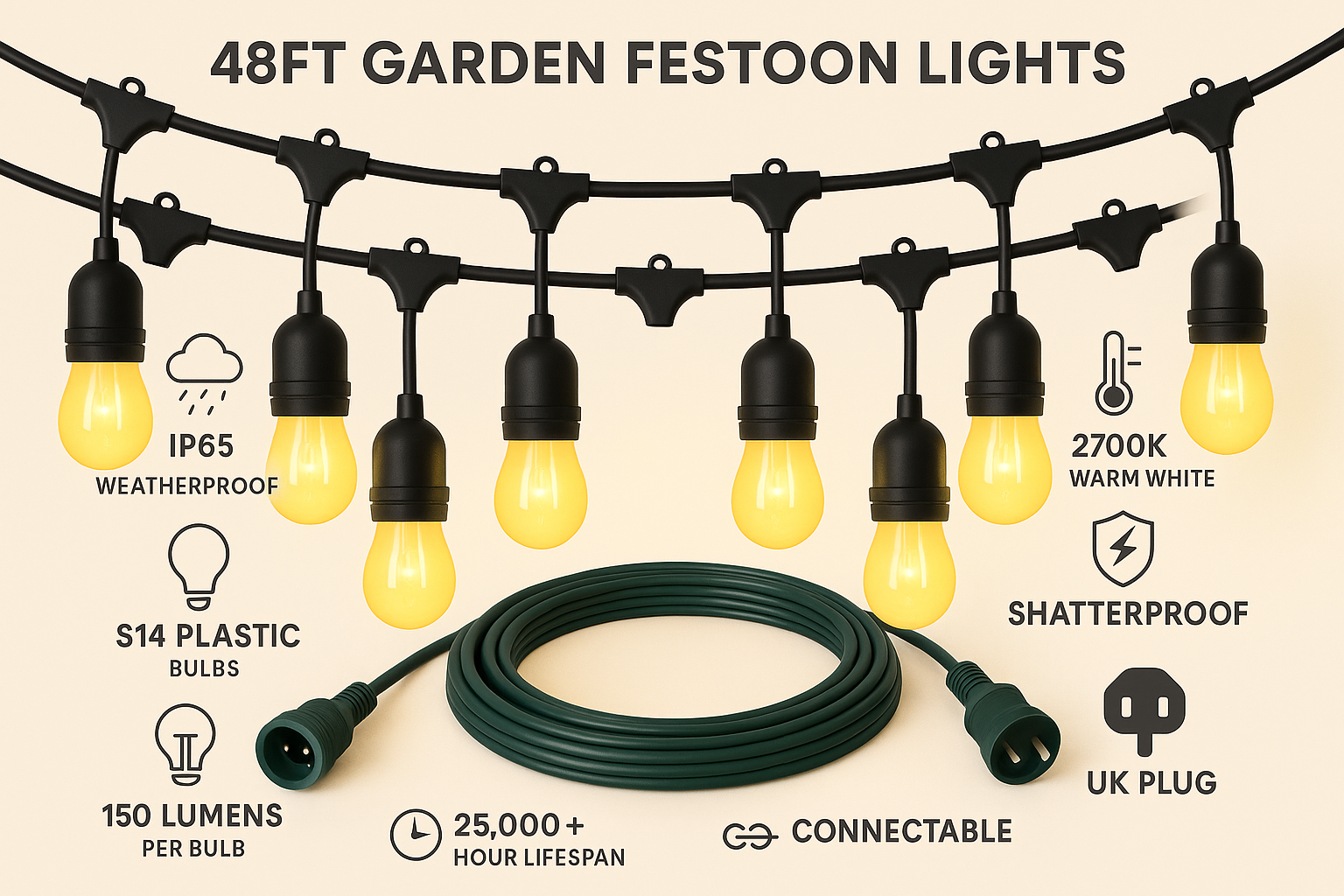 Festelio Tuinverlichting – 48FT Lichtslinger met 15 LED-Lampen & Warme 2700K Gloed