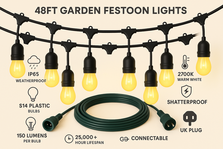 Festelio Iluminación de jardín – Guirnalda de luces de 48FT con 15 lámparas LED y brillo cálido de 2700K