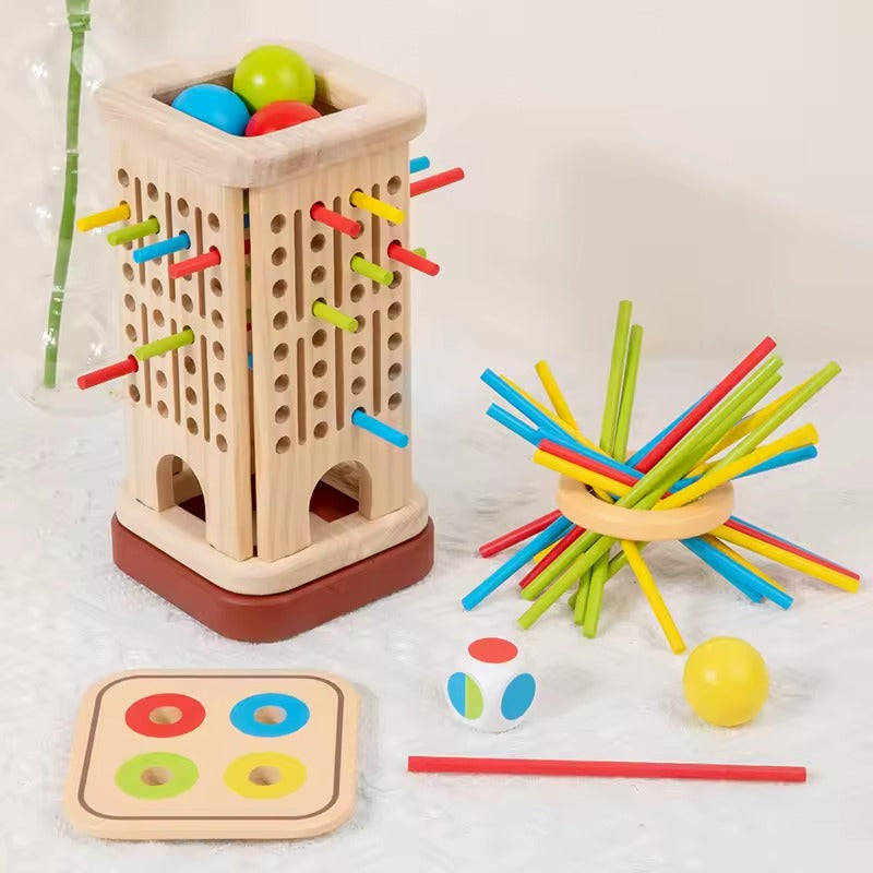 Playterra – Gioco Montessori Torre di Bastoni in Legno con Dado – 3+ anni