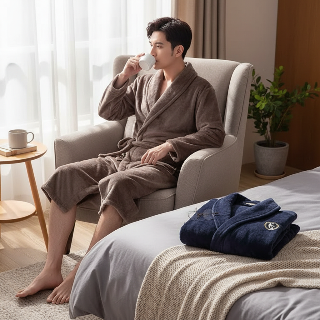 Heren badjas van flanel met V-hals en lange mouwen – Comfortabele homewear Vestragear