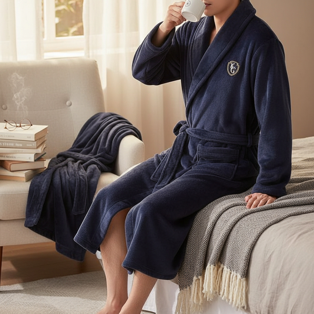 Heren badjas van flanel met V-hals en lange mouwen – Comfortabele homewear Vestragear