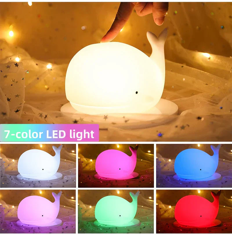 GlowWhale Lámpara Nocturna – Suave Silicona, Control Táctil y Luz de Colores Relajante