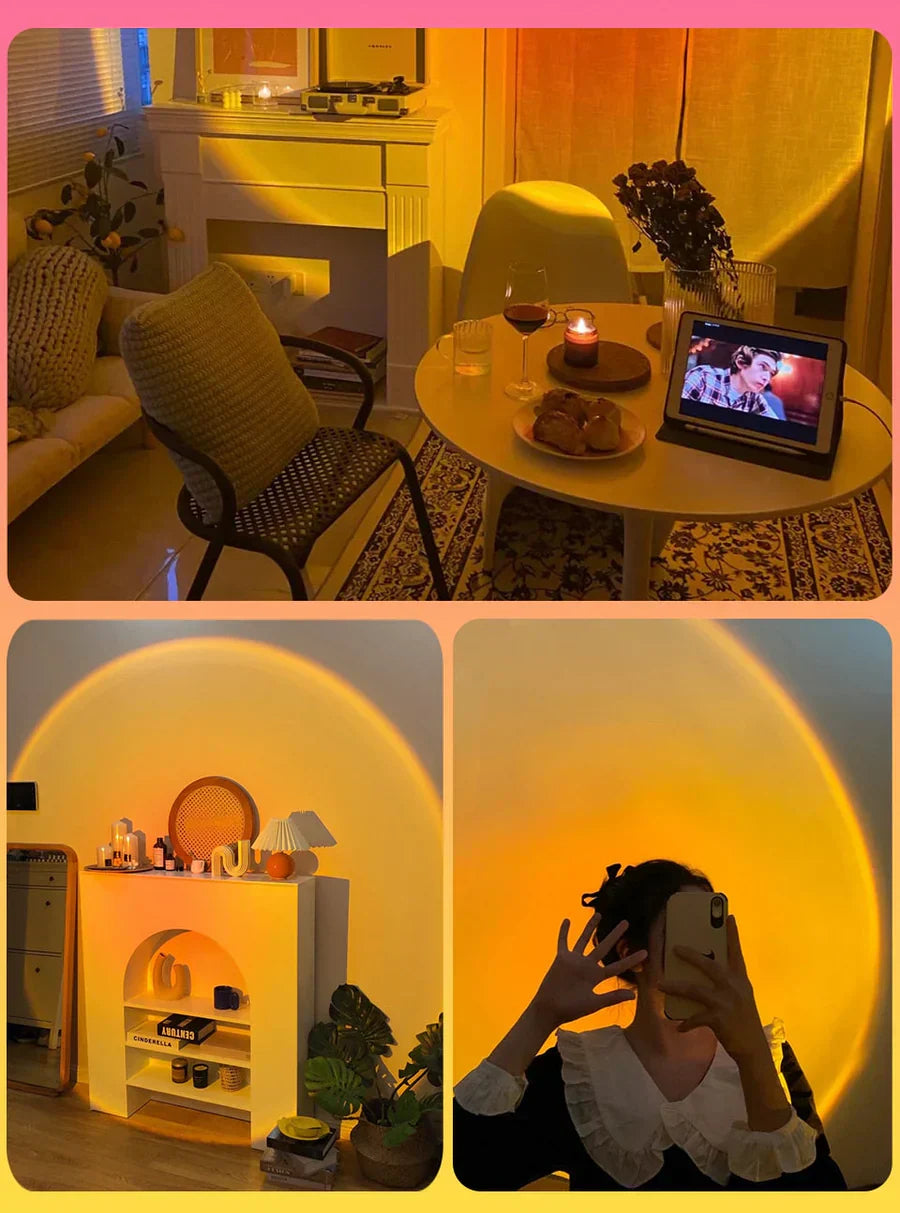 Solarya Sunset Lamp – 4 Kleurstanden, Dimbare LED &amp; Sfeervol Warm Licht voor Elke Ruimte