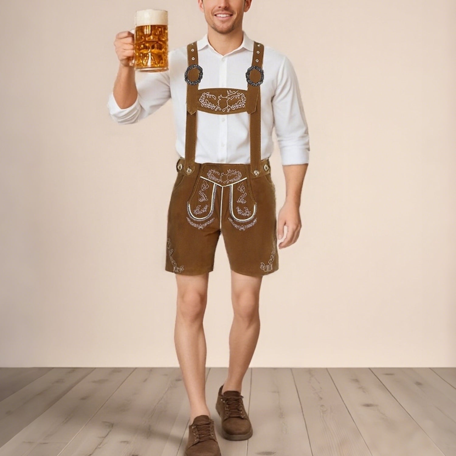 AlpenGeist – Pantalons de cuir per a home amb brodat – Aspecte de camussa marró Oktoberfest