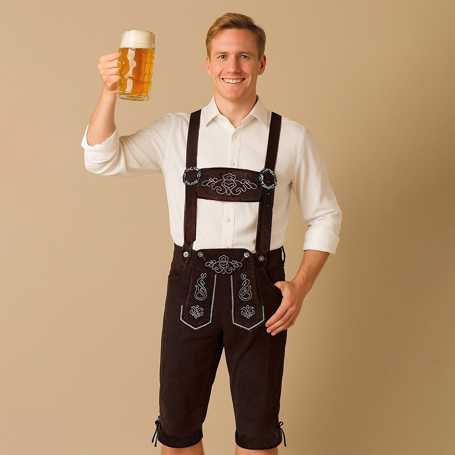 Bergkraft pantalons curts de cuir – aspecte de cuir salvatge amb brodat, pantalons d'home per a l'Oktoberfest