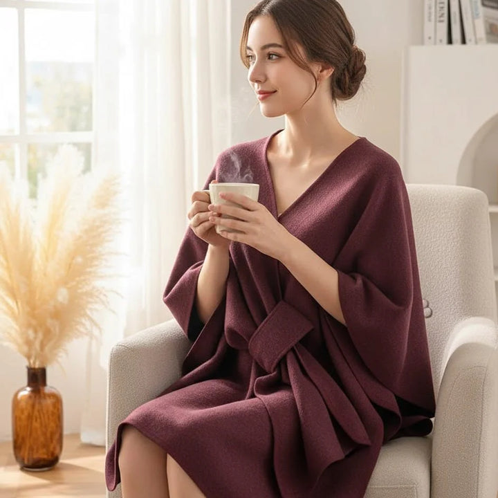 Poncho-casaco para senhora – Tecido macio, drapeado solto e estilo versátil de enrolar